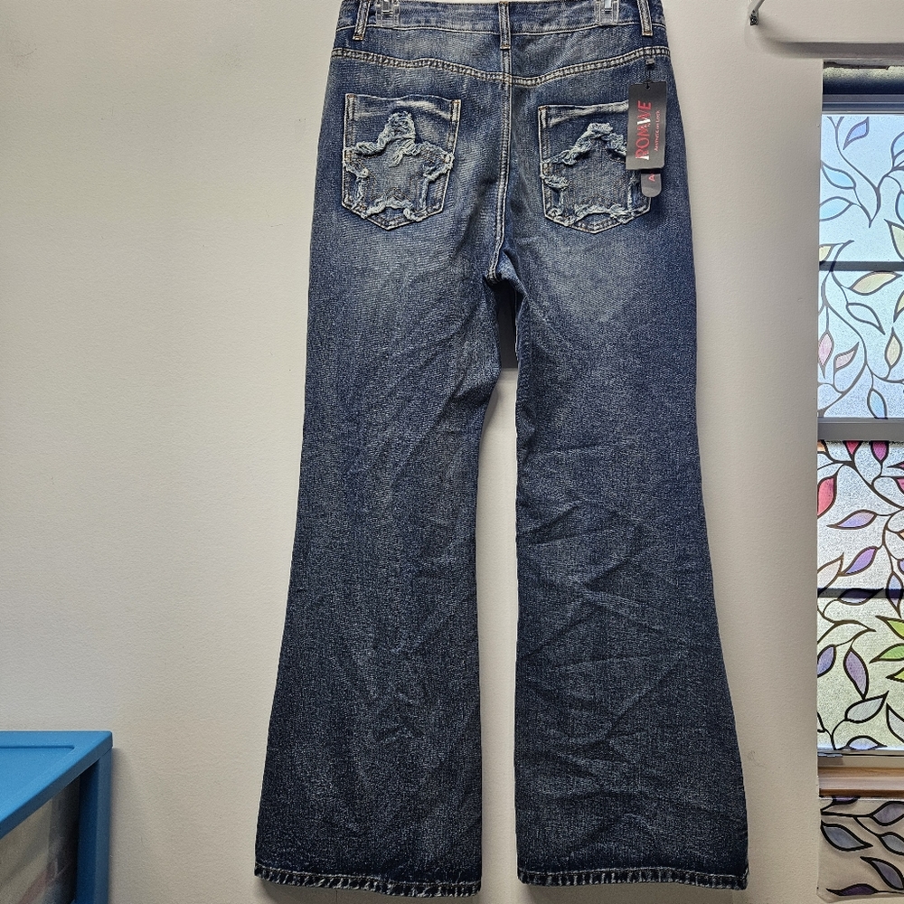 ROMWE Wide Leg Jeans High Rise Size L 8/10 Baggy Patch Back Pockets Denim Y2K